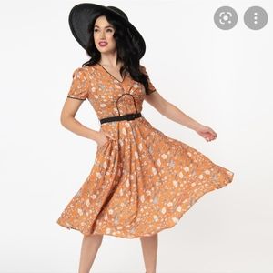 NWT Unique Vintage Mustard and Cream Swing Dress